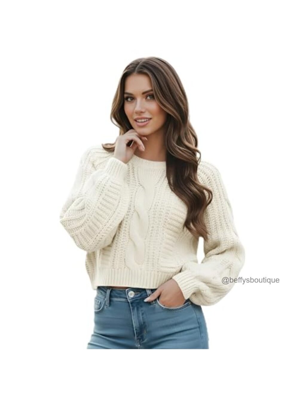 Cropped Cable Knit Sweater Acrylic Long Sleeve Fall Winter